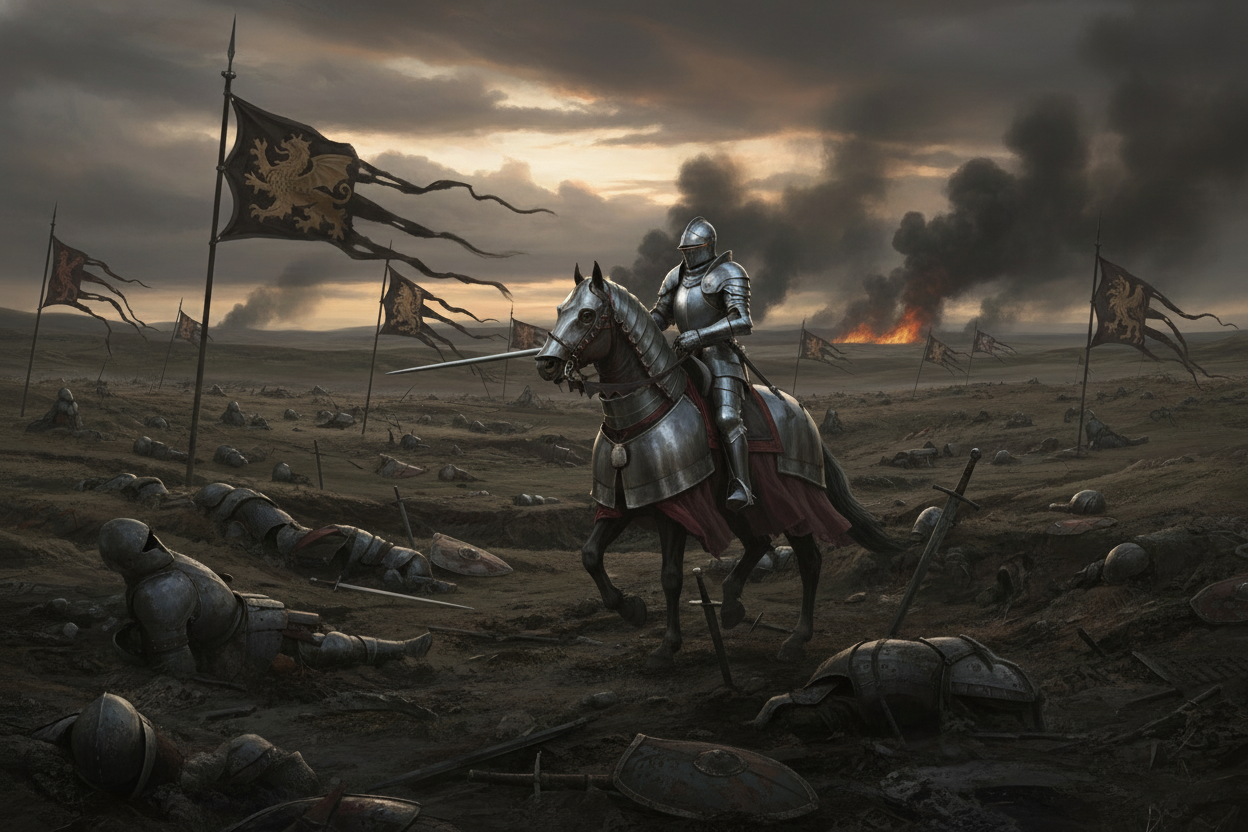 génère un chevalier sur son cheval avec la lance vers l'avant sur ce champs de bataille